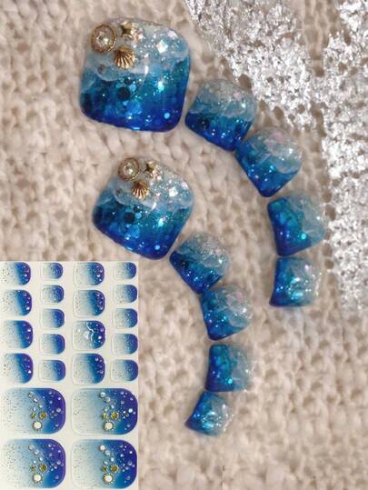 蓝色海洋元素女士旅行派对美甲装饰，沙滩波浪主题设计脚趾甲贴纸，22片装