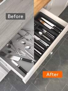 1pc Expandable Adjustable Plastic Kitchen Utensil Organizer Box, Made Of PP Plastic Material, Flat Cutlery Storage Box For Kitchen Countertop, Cabinet Drawer, Holds Chopsticks, Cutlery, Tools (Small + Large) - View 6