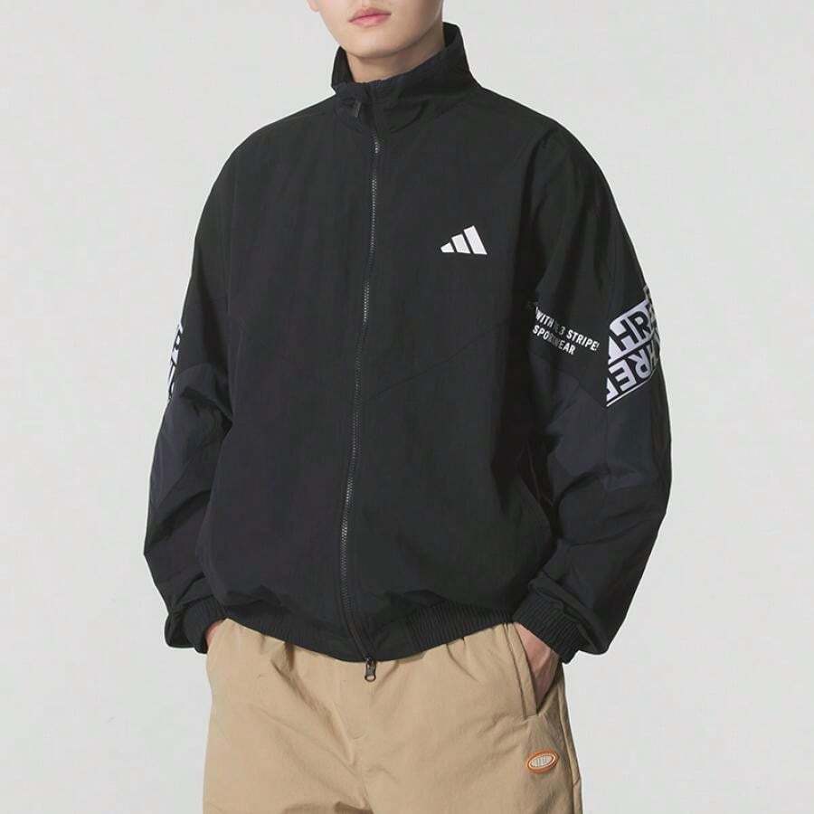 Adidas 男士梭织夹克，WORD WOVEN JKT，休闲运动上衣，简约外套 KA1265 - 黑色 - 查看 1