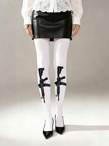 1 Pair Niche Edgy Thick Tights White Gun Pattern Sexy Opaque Stockings Urban - Multicolor - View 1