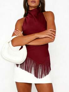 Women's Halter Neck Satin Tops Sleeveless Backless Solid Color Slim Fit Tops Summer Shirts With Fringe Hem - Burgundy - Tassel - View 2