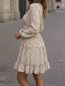 Women Long-Sleeved Wrap-Neck Patterned Mini Modal Dress , 31626 - Beige - View 2