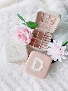 1pc Personalized Initial Letter Jewelry Box, Faux Diamond Pattern Decor, A-Z 26 Letters Mini Jewelry Box, Portable Jewelry Travel Case With Zipper For Earrings, Rings, Necklaces, Makeup, Bridesmaids Gift - Multicolor - View 2