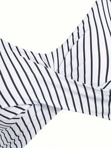 Women One Piece Swimdress Tummy Control Bathing Suit Push Up Swimsuit Modest Swimwear CutOut V Neck Cute Tie Knot Skirt - 白色和黑色條紋,帶藍色 - 查看 4