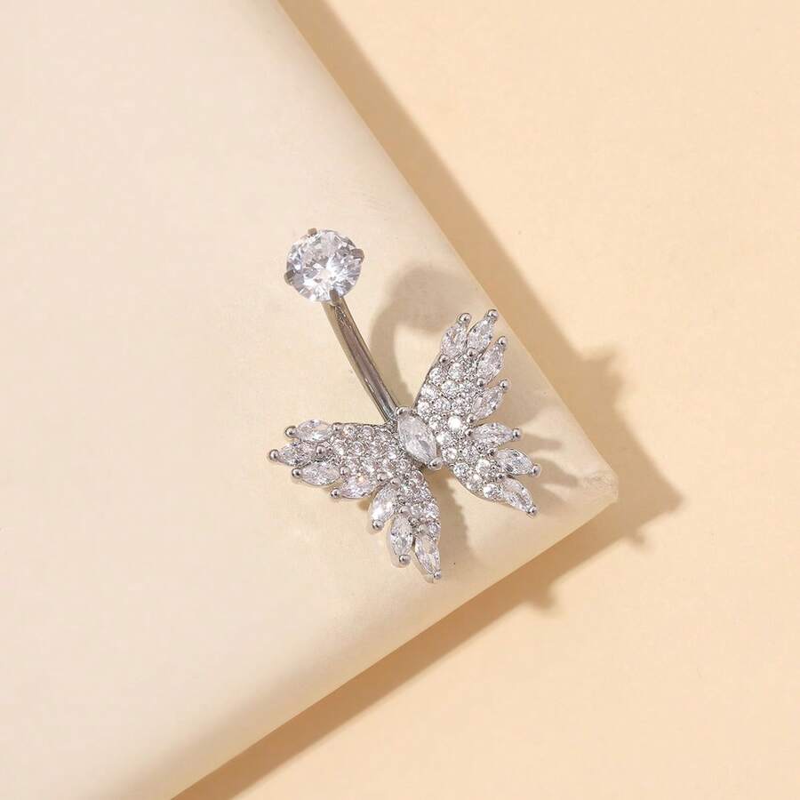 1个时尚钛金蝴蝶肚脐环，适合日常佩戴 - 銀色 - 查看 1