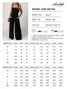 Acelitt Bộ jumpsuit nữ màu trơn cổ vuông xếp ly phối túi, dáng rộng ống rộng không tay, thích hợp cho kỳ nghỉ hè, màu đen thanh lịch. - màu đen - Xem 6