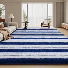 Treeboy Fluffy Area Rug Thick & Shaggy Carpet For Living Room & Bedroom Floor, Home Decor Anti-Slip Soft Carpet Floor Mat - Blue and White Stripes - View 3