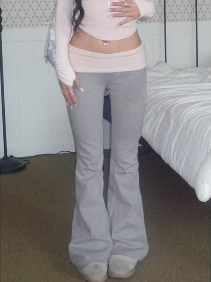 Coquette Cute Flare Bell Bottom Y2k Pants For Women Fold Over Leggings Slim Fit Yoga Pants Y2k Joggers Streetwear - Xám - Xem 1