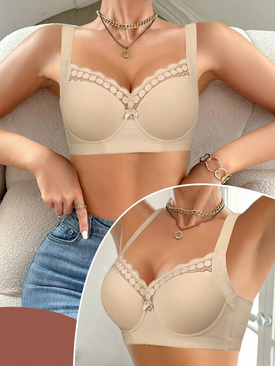 Women's Padded Bra - Wide Strap, Lace Trim, Side Support, Bust Enhancing, Sexy & Comfortable