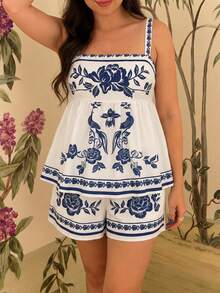 Women's Floral Print Camisole & A-Line Skirt Vacation Set, Fashionable Vacation Outfit Summer - Blue and White - View 2
