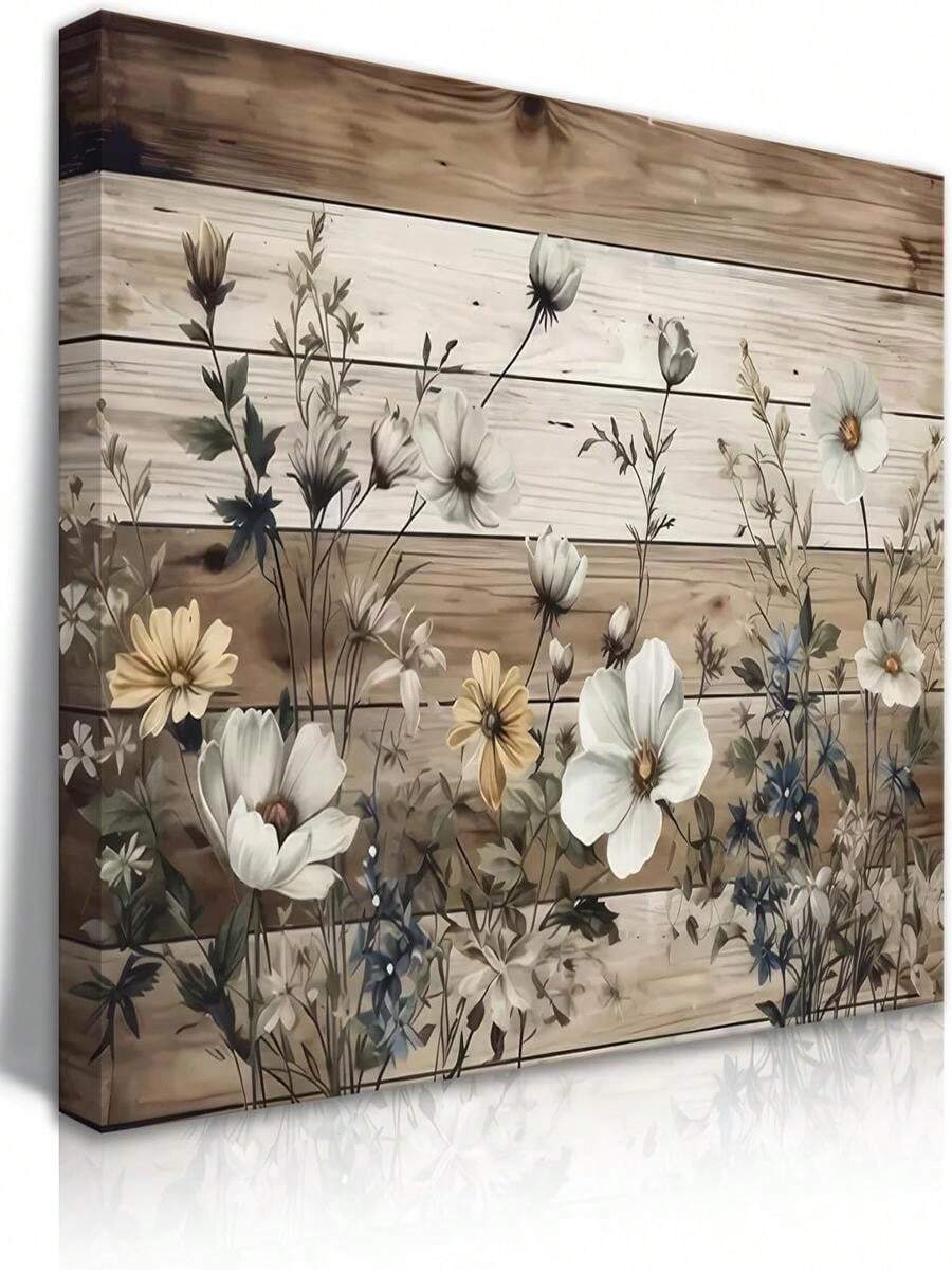 EGMAVQZY Vintage Floral Wall Art Rustic Flowers Wall Decor Farmhouse Canvas Poster Picture For Home Wall Decor, Living Room And Bedroom Decor - White - 查看 1