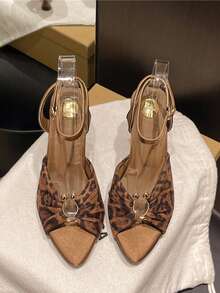 2026 New Sexy One-Strap Buckle Sandals, Women's Pointed Toe High Heel Shoes, Wrinkle Brown Metal Buckle Pointed Toe Open Toe Stiletto Sandals, Fashionable Versatile High Heels For Spring/Summer - Leopard - View 1