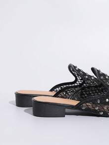 2026新款女士网眼拖鞋，水晶粗跟法式亮黑色方头透气一脚蹬穆勒鞋 - 黑色 - 查看 7