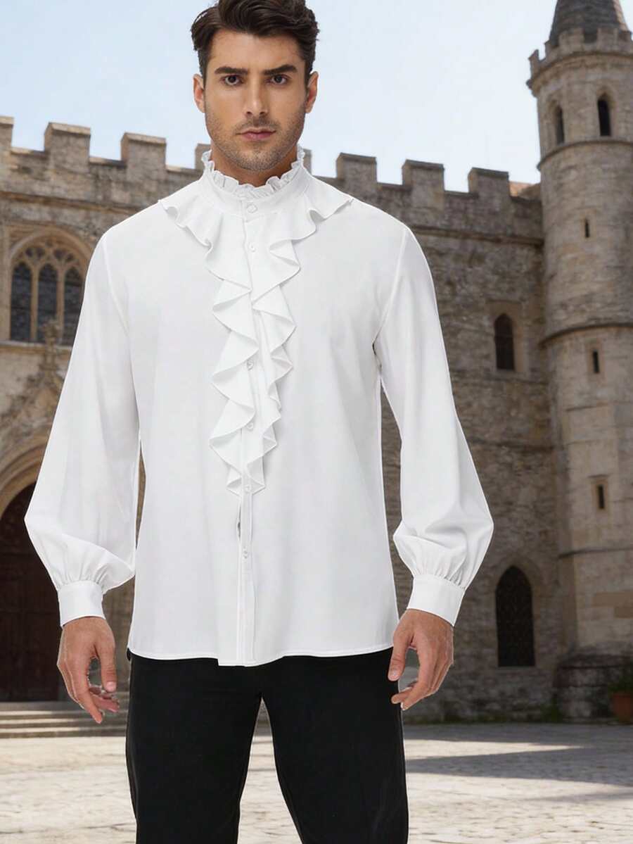 Men's Medieval Ruffle Collar Long Sleeve Shirt, Gothic Style Costume For Festivals And Parties - White - View 1