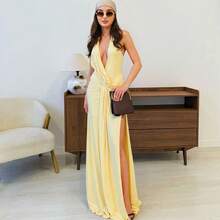 Spring & Summer Women's Elegant Yellow V-Neck Halter Neck Ruched Backless Dress, Draped High Split Sleeveless Evening Party Dress - Yellow - View 6
