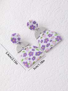 1 Pair Handmade Elegant Purple Flower Pattern Semi-Circle Pendant Earrings, Fashionable Geometric Design, Suitable For Parties, Vacations, Daily Wear, And As Gifts - Purple - View 2