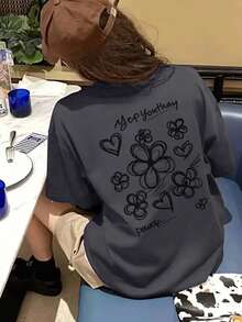 休闲宽松双面字母图案T恤，轻便百搭，适合女性通勤穿着，春夏款 - 深灰色 - 查看 1