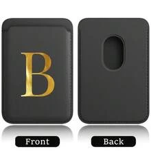 弹性 Magsafe 卡包，弹性皮革磁吸手机壳，内置磁铁，磁吸式手机套，适用于 Apple 12/13/14/15/16 Pro Max 和 Magsafe 手机壳，A-Z 字母图案 - 黑色 - 查看 12