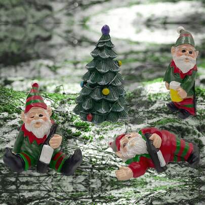 Set Of 4 Naughty Drunken Elf Gnomes Figures Figurines Christmas Xmas Home Décor Decoration Holiday Celebration