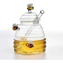 Honey Jar With Dipper,Lid And Bee Decoration Beautiful Honey Shaped Glass Honey Pot For Home Kitchen And Decoration - lau dọn - Xem 4