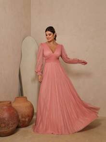 Elegant Women's Long Dress With Long Sleeves And Pleats, Suitable For Bridesmaids, Bridesmaids, Mothers Of The Bride, Groomsmen, Weddings, Graduations, And Evangelical Fashion. - 乾枯玫瑰色 - 查看 1
