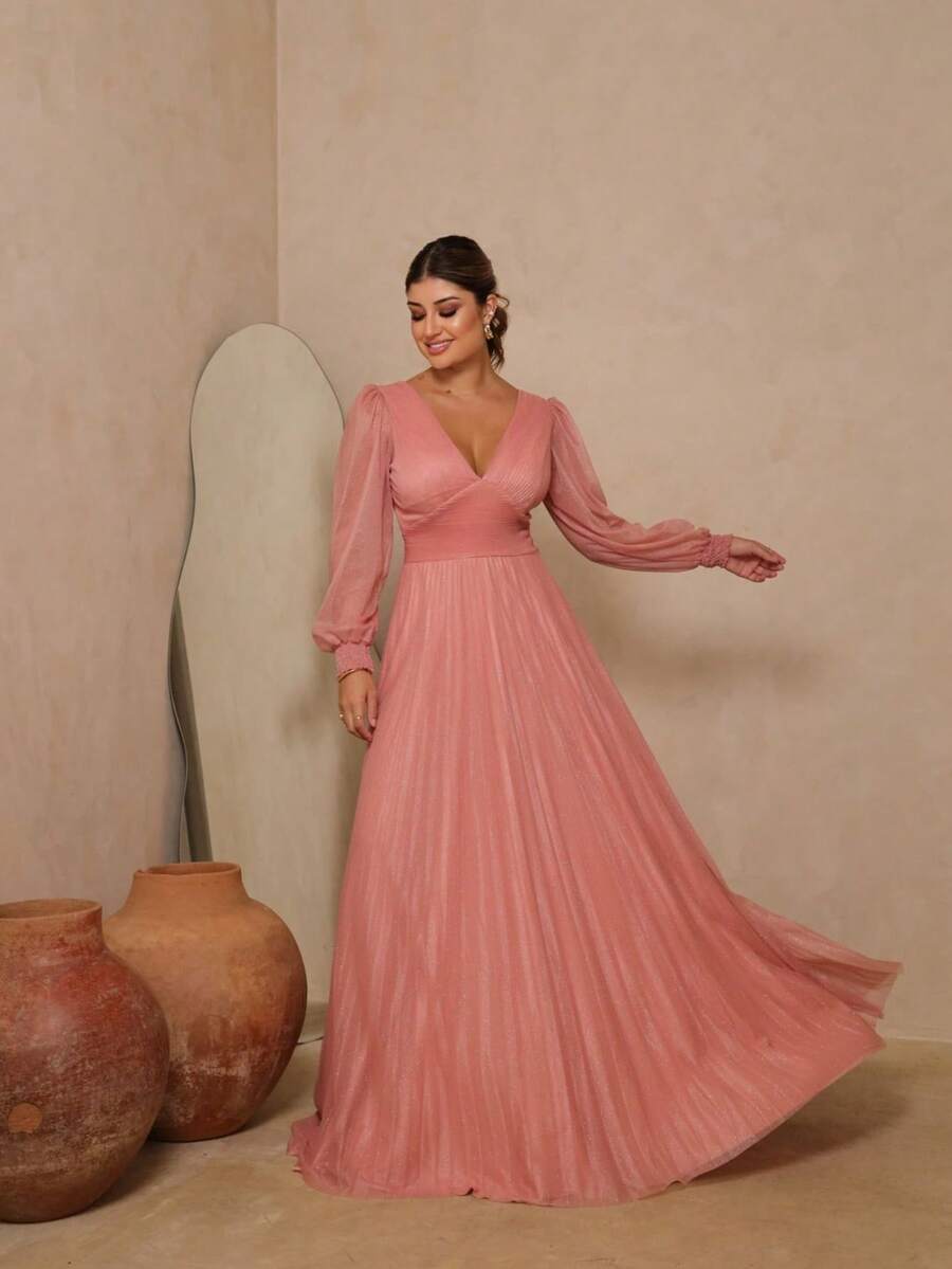 Elegant Women's Long Dress With Long Sleeves And Pleats, Suitable For Bridesmaids, Bridesmaids, Mothers Of The Bride, Groomsmen, Weddings, Graduations, And Evangelical Fashion. - 乾枯玫瑰色 - 查看 1
