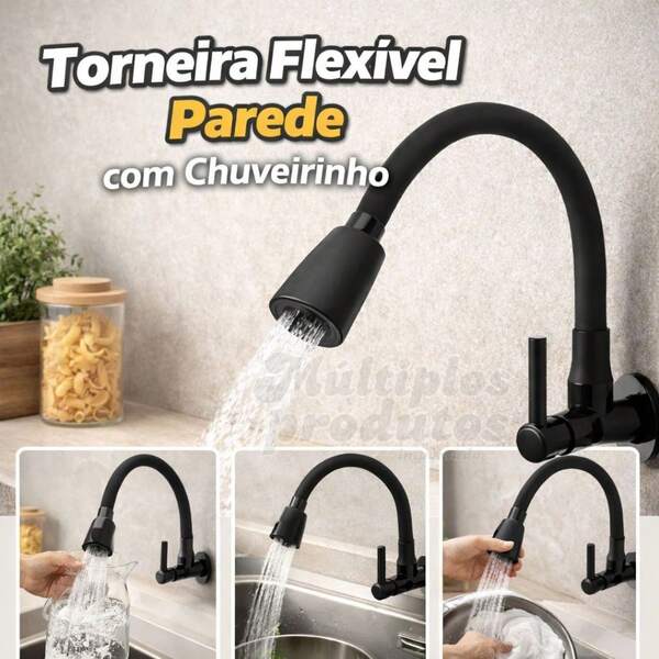 Torneira Flexível Gourmet Preta para Cozinha sem e com Bancada ou Parede