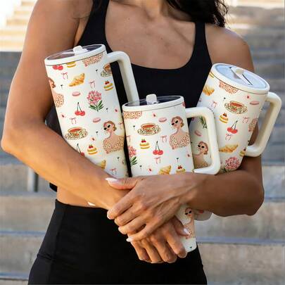 1个咖啡女孩保温杯，40盎司双层真空保温杯，带把手和盖子，保温12小时，保冷24小时，防漏保温杯，适用于咖啡、茶、冰水，美观的花卉图案，男女皆宜，节日日常使用