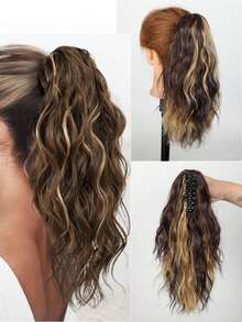 14英寸卷曲马尾发夹假发接发，14英寸爪形马尾假发片，棕色混铂金色高马尾发夹，聚酯纤维材质，适合女性 - 彩色 - 查看 14