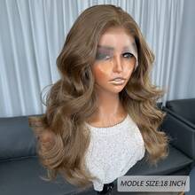 Karniklon 13x4 蕾丝前假发，18 英寸波浪卷合成假发，150% 密度，无胶蕾丝前假发，耐热纤维假发，适合日常、派对、节日、初学者使用 - 棕色 - 查看 5