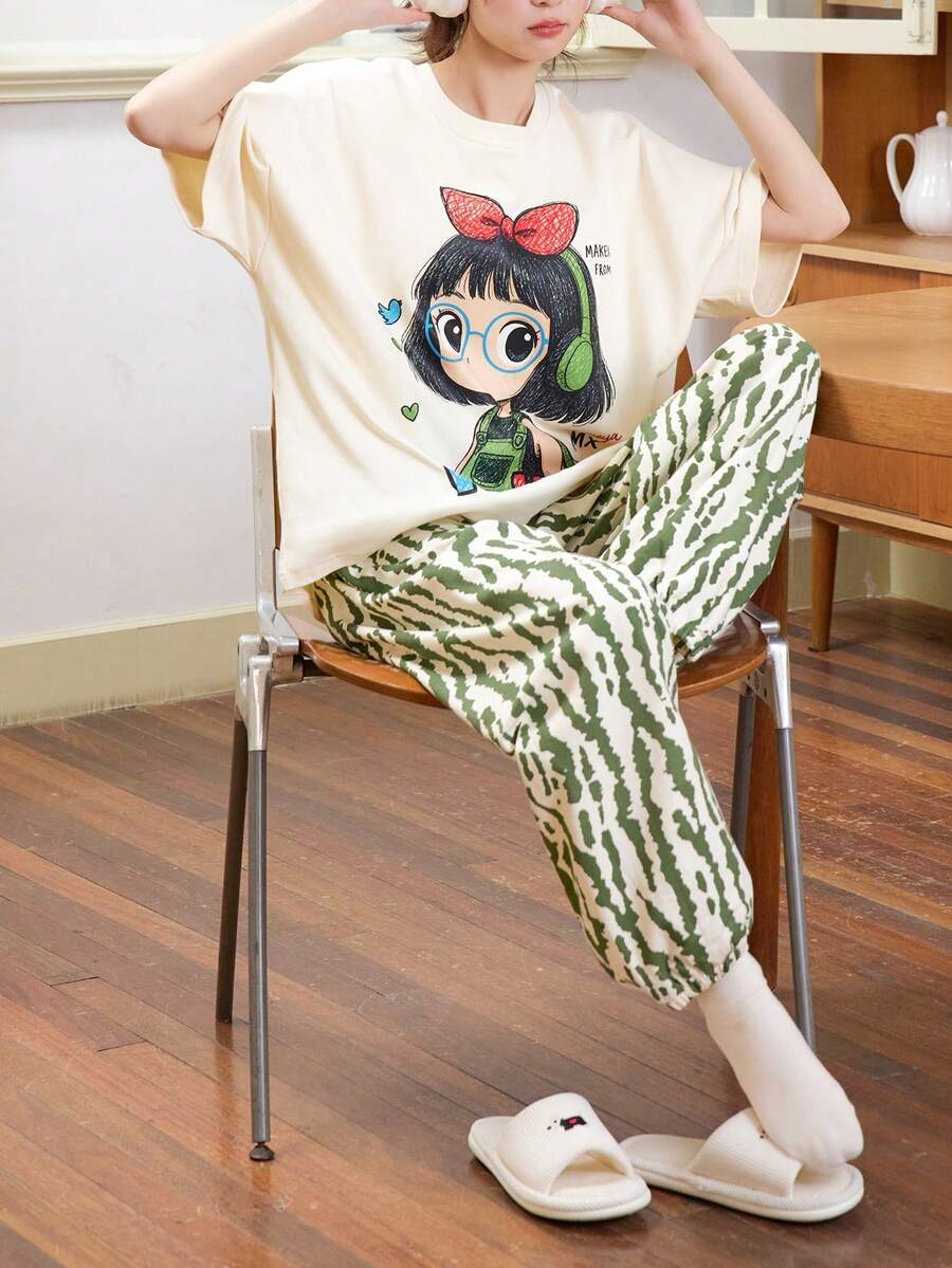 2pcs Women Cartoon Sleepwear Set, Moisture-Wicking Breathable Round Neck Short Sleeve Pants Pajamas - Apricot - View 1