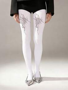 1 Pair Niche Edgy Thick Tights White Gun Pattern Sexy Opaque Stockings Urban - Multicolor - View 6