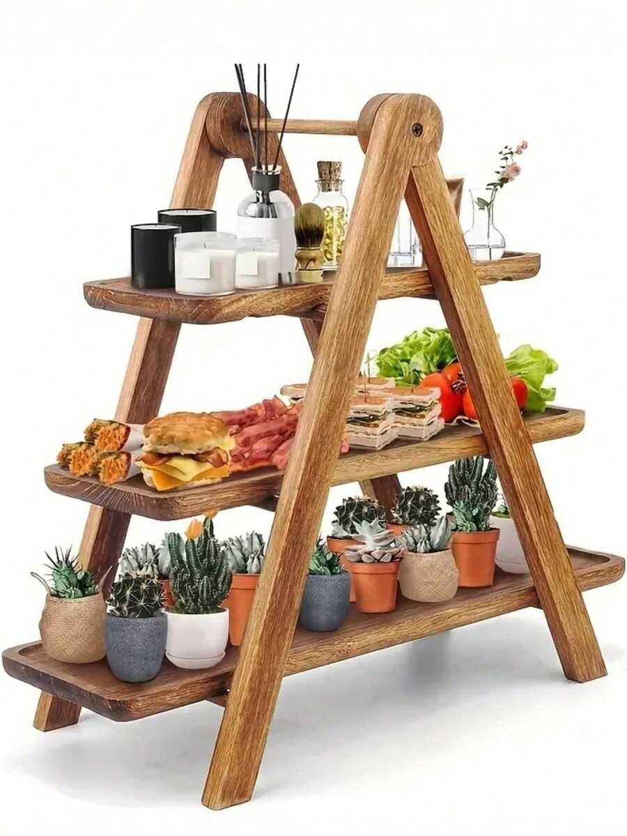 3-Tier Wooden Serving Tray, Three Tiered Cupcake Stand, Rectangle Platter Wooden Farmhouse Tray, Party Dishes For Entertaining, Rustic Vintage Trays And Platters, Dark Brown Appetizer Plates, Kitchen Organizer, Buffet Display Stand For Home, Hotel, Restaurant, Cupcake Stand | Food Board | Dessert Cake Platters - 彩色 - 查看 1