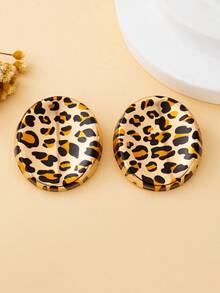 Conjunto de joyas de estilo bohemio con aretes, pulsera y anillo con estampado geométrico ovalado de leopardo, adecuado para uso diario y vacaciones - oval - Ver 6