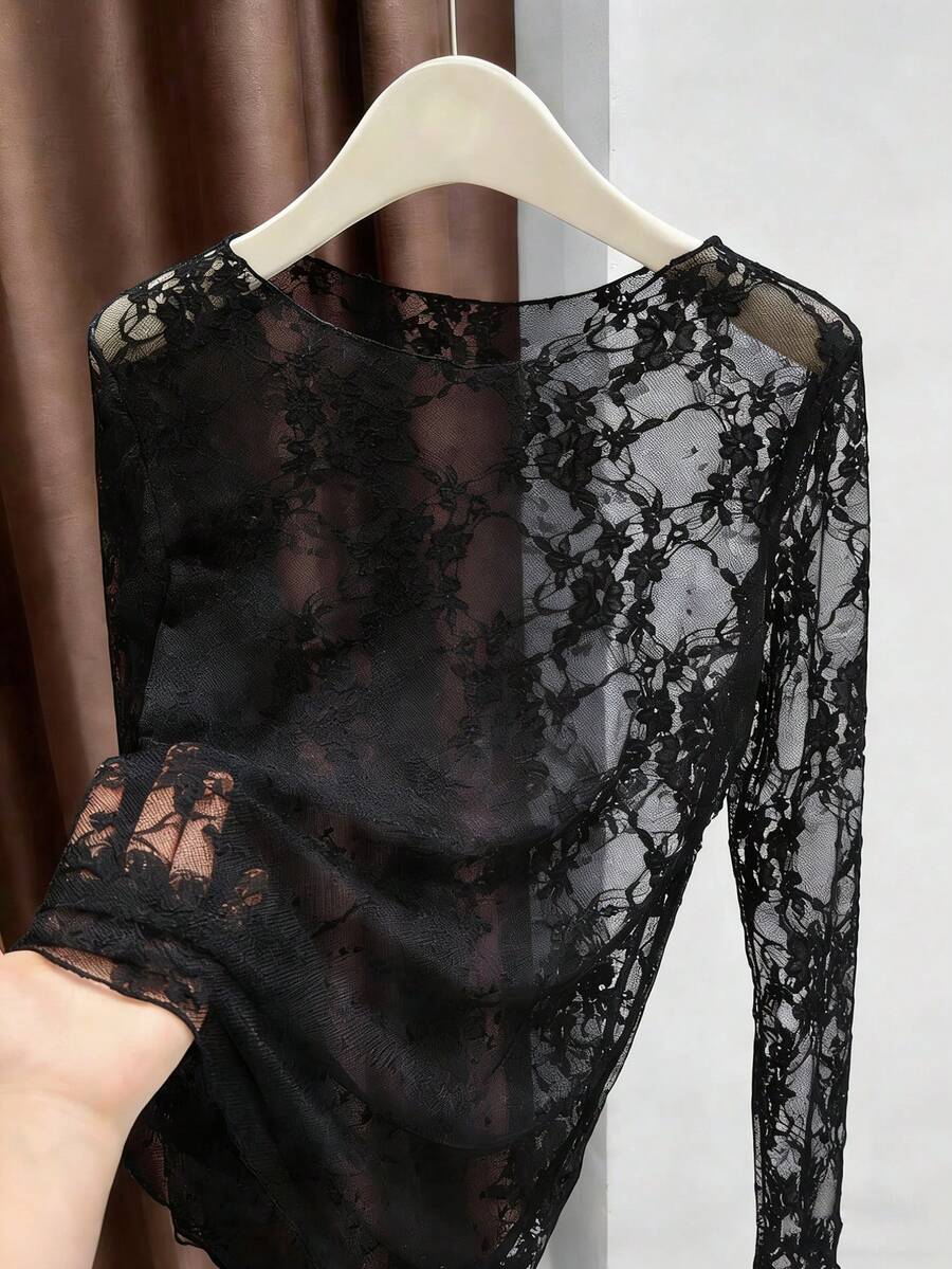 2026 Nueva Camiseta interior de manga larga de malla transparente con cuello alto de encaje, adecuada para primavera, verano, otoño, Día de San Valentín Negro - Negro - Ver 1