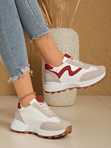 女士春秋季白色低帮运动鞋，轻便防滑低跟圆头透气系带休闲户外运动鞋，舒适系带运动鞋 - 轻便多功能休闲鞋，适合所有季节，防滑橡胶鞋底 - 白紅 - 查看 3