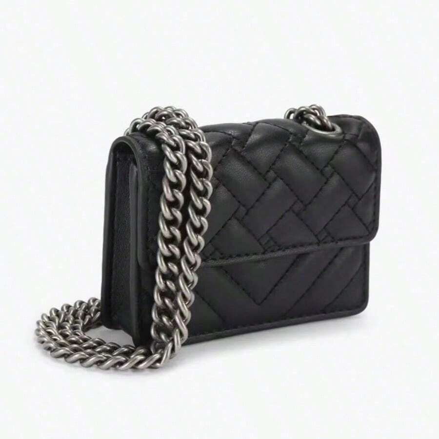 2026 Mini Shiny Silver Quilted Crossbody Bag, Quilted V-Shaped Embroidery Thread, One-Shoulder, Chunky Chain Strap Sparkle Purse For Evening & Party Looks - 黑色 - 查看 1