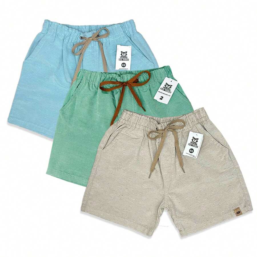 Set Of 3 Premium Linen Shorts For Children And Teens, Bermuda Style, Sizes 2-16 - 藍色 - 查看 1