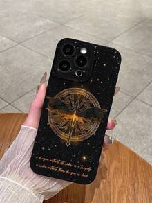 1pc Dark Style Dragon Pattern Slogan Phone Case, Black Matte Soft Anti-Fall Protective Cover, Paired With Starry Dragon Pattern Design, Fantasy Bookworm Aesthetic Style, Full Camera Protection, Compatible With IPhone & Galaxy - Black - View 1