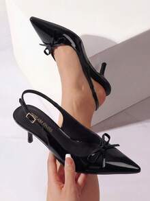 Women's Slingback Kitten Heel Pumps, Pointed Toe With Bow, 2.17" Low Heel – Comfortable Dress Shoes For All-Day Wear - màu đen - Xem 2