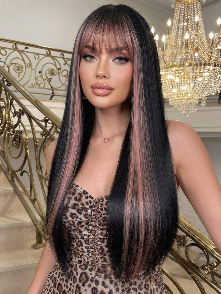 [Tóc giả dài thẳng màu hồng & đen có mái] Tóc giả dài thẳng 26 inch thanh lịch có mái dành cho nữ - Tóc tổng hợp chịu nhiệt, trông tự nhiên, hoàn hảo cho cosplay & tiệc Halloween - 100% lụa Tangron, hoàn thiện mờ, chịu nhiệt cao, lưới hoa hồng thoáng khí, vừa vặn, thanh lịch - Hai tông màu - Xem 1