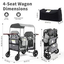 Kinder King Wagon Stroller For 4 Kids, All-Terrain Foldable Outdoor Stroller Wagon 4 Seater, Removable Canopy, Adjustable Handle, Shock-Absorbing Wheel, Detachable Tray, Large Storage, Gray - Xám - Xem 10