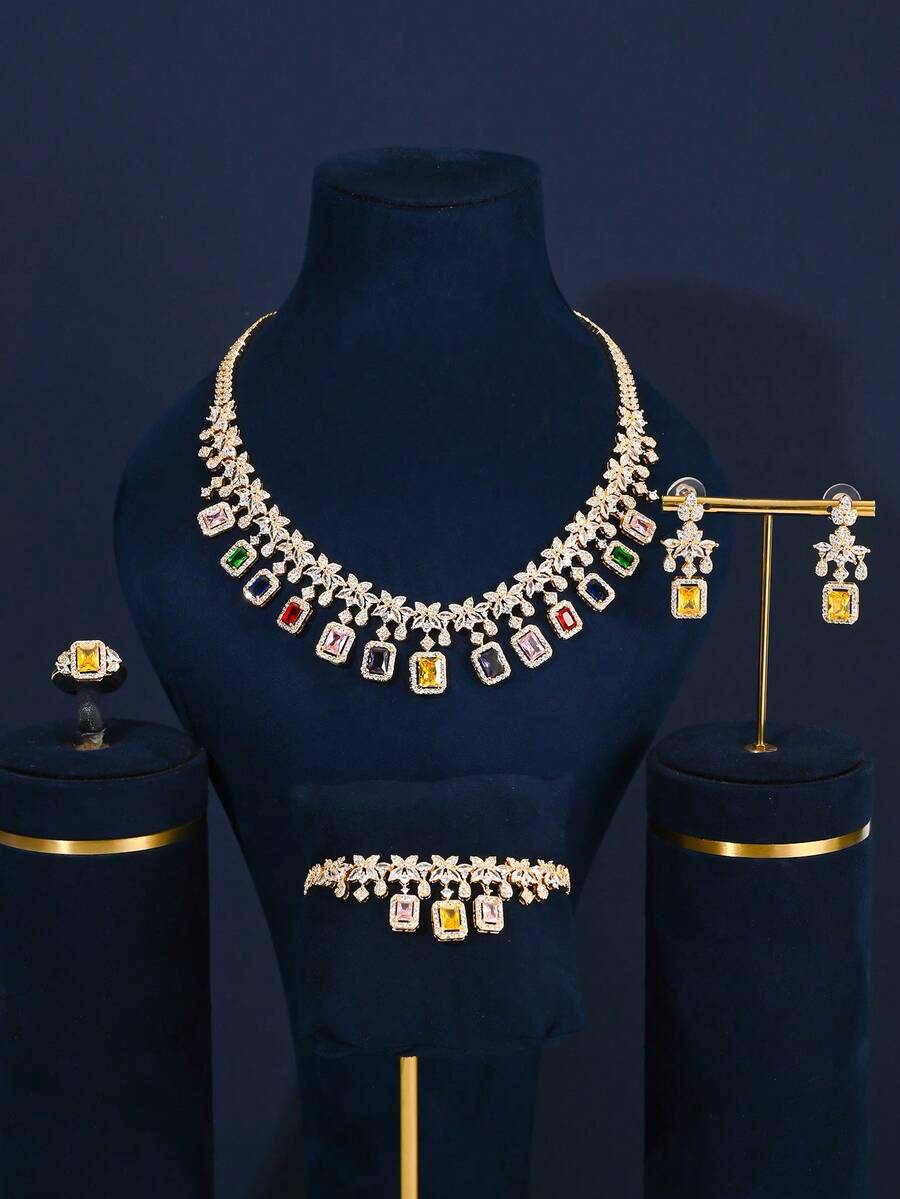 4pcs/Set Luxury Jewelry Set: Copper, Colorful Green Zirconia Tassel Design Gold Necklace, Earrings, Ring, Bracelet. Elegant Jewelry For Evening Party, Wedding, Bride, Daily Wear For Women - Colorful - View 1