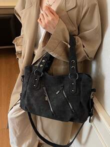 Retro Minimalist Large Capacity Fashion Student/Work Commute Tote Bag - Black - View 7