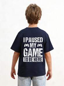 Tween Boy Casual Graphic Print Round Neck Short Sleeve T-Shirt Summer Top - Navy Blue - View 2