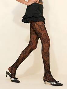 Black Floral Mesh Stockings - Gothic Petal Pattern Sexy And Charming, Suitable For Wearing On Dates And Nights Out - Black - View 3