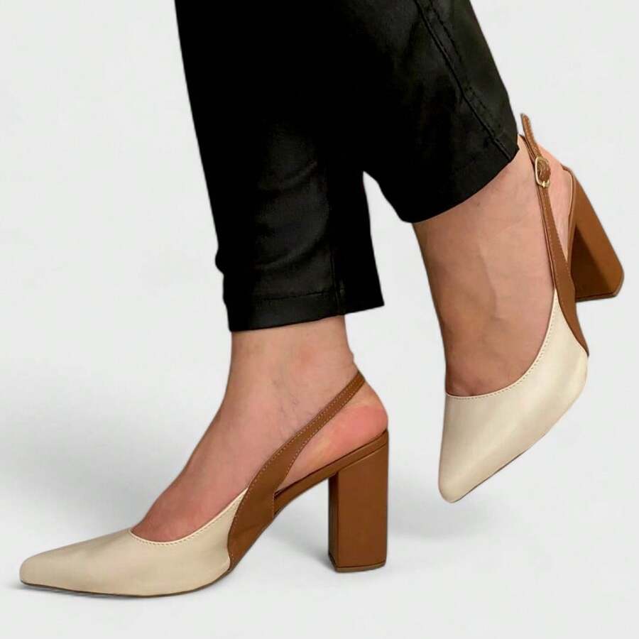 Women's White And Caramel Slingback Shoes – Comfortable Block Heel, Elegant And Modern Design - Camel - Ver 1