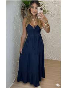 Women's Long Dress, Flowing Style, Thin Straps, V-Neck With Front Tie, Elastic Back - Fits Sizes 36 To 42. - 藏蓝色 - 查看 1