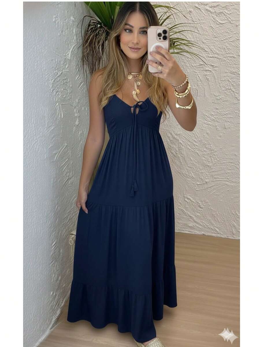 Women's Long Dress, Flowing Style, Thin Straps, V-Neck With Front Tie, Elastic Back - Fits Sizes 36 To 42. - 藏蓝色 - 查看 1