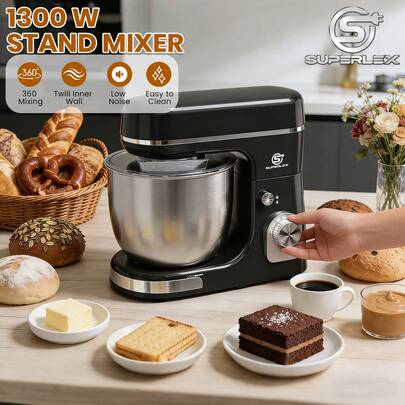 SUPERLEX 3-In-1 Stand Mixer, 5L Capacity. This Food Processor Features 10-Speed Settings And Comes With Three Attachments: A Dough Hook, A Whisk, And A Mixing Beater. The Dough Hook Is Suitable For Kneading Dough To Make Bread, Pizza, Cookies, Desserts, And More. The Whisk Is Ideal For Whipping Cream, Sauces, And Egg Whites. The Mixing Beater Is Designed For Making Cookies, Fudge Pudding, Potato Strips, Etc.